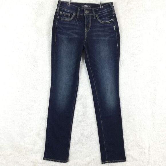 Silver Jeans Womens Avery Straight Leg Blue Denim Whiskering Stone Wash Tall 27‎ - Picture 1 of 11